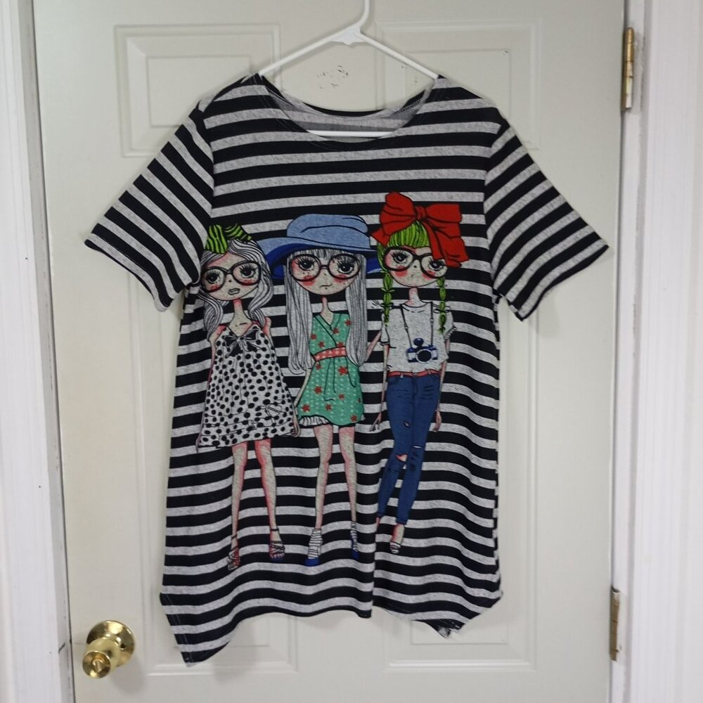 Blouse Tunic Size L Striped Graphic T-Shirt With Cartoon Characters Short Sleeve